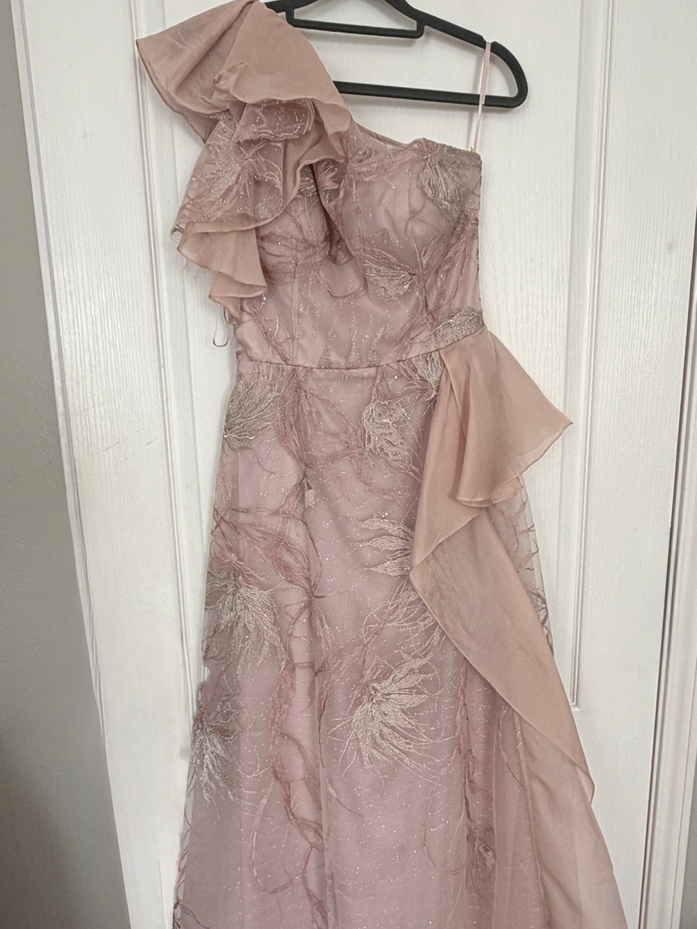 Rickie Freeman for Teri Jon Dusty Rose One-Shoulder Gown with Gold Embroidery